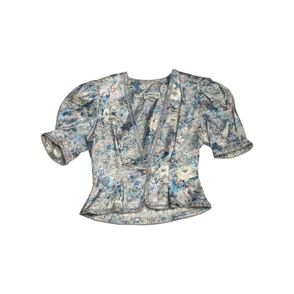 Vintage Cottagecore  80s Nah Nah Floral Brocade Puff Sleeve Peplum Blouse‎